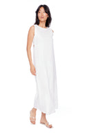 Model wearing the Charlie White Linen Cutout Maxi Dress, front view.
