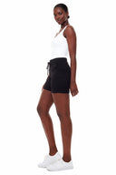 Model wearing the Sophia Solid Jogger Short in Black with a relaxed fit and elastic drawstring waistband.