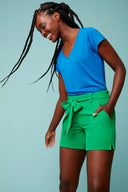 Model wearing the Marilyn V-Neck T-Shirt in cobalt  , front view