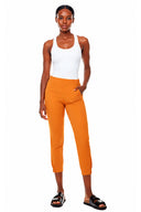 Model wearing the Keira Ruched Vegan Silk Jogger Pant in  Marseille, front view.
