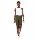 Model wearing the Vicky Waxed Biker Short in Army, front view.