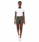Model wearing the Billy Waxed Short in Army, front view.