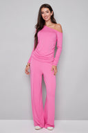 Model wearing the Sandy Provence Wide-Leg Full-Length Pant in Cherry, featuring a relaxed wide-leg silhouette and exposed front seam detailing, front view.