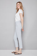 Model wearing the Chloe Blue Striped Techno Slim Ankle Pant in Blue Stripe, featuring a slim ankle silhouette and tailored striped design, side view.