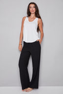 Front view of the Fiona Air Flow Wide Leg Pant in Black, showcasing the lightweight wide-leg design and relaxed fit.