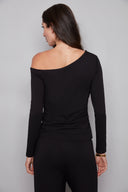 Back view of the Claude black Provence Drop-Shoulder Top, highlighting the sleek long-sleeve design and flattering fitted shape.