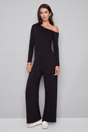 Model wearing the Sandy Provence Wide-Leg Full-Length Pant in Black, featuring a relaxed wide-leg silhouette and exposed front seam detailing, front view.