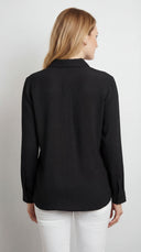 Back view of model wearing the Camillia  black Air Flow Button-Down Long Sleeve Top, showcasing the streamlined silhouette and straight point collar.
