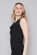 Side view of the Rose black Air Flow Halter Top, highlighting the sleek silhouette and effortless summer styling.