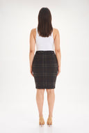 Model wearing the Rayne Belfast Plaid Ponte Skirt, back view.