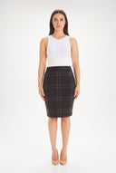 Model wearing the Rayne Belfast Plaid Ponte Skirt, front view.