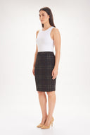 Model wearing the Rayne Belfast Plaid Ponte Skirt, side view.