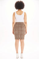 Model wearing the Margot Plaid Faux Suede Skirt in Dundee Plaid, back view.