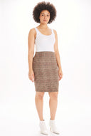 Model wearing the Margot Plaid Faux Suede Skirt in Dundee Plaid, front view.