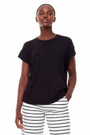 Model wearing the Felicity Bamboo T-Shirt in black featuring a relaxed fit and soft draped silhouette.