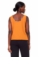 Model wearing the Kate Vegan Silk Tank in Marseille, back view.