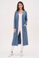 Model wearing the Claudia Bamboo Duster in Bluestone, front view.