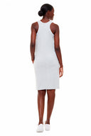Back view of model wearing the Zandaya French Terry Tank Dress in light grey melange with a sleeveless tank silhouette, scoop neckline, and side pockets.
