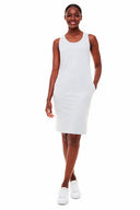Front view of model wearing the Zandaya French Terry Tank Dress in light grey melange with a sleeveless tank silhouette, scoop neckline, and side pockets.