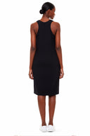 Model wearing the Beyonce Light Ponte Racerback Dress in Black, back view.