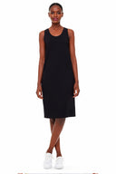 Model wearing the Beyonce Light Ponte Racerback Dress in Black, front view.