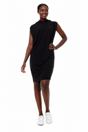 Model wearing the Salma Hooded Bamboo Dress in Black, front view