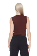 Back view of the Veronica Provence brown Top, highlighting the elegant high neckline and streamlined silhouette.