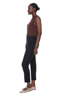 Side view of women's slim ankle pull-on trouser in black Armani twill.