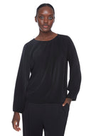 Black Belize Satin Gathered-Sleeve Top – Front View