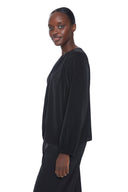 Black Belize Satin Gathered-Sleeve Top – Side View