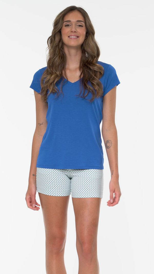 Model wearing the Marilyn V-Neck T-Shirt in cobalt , video